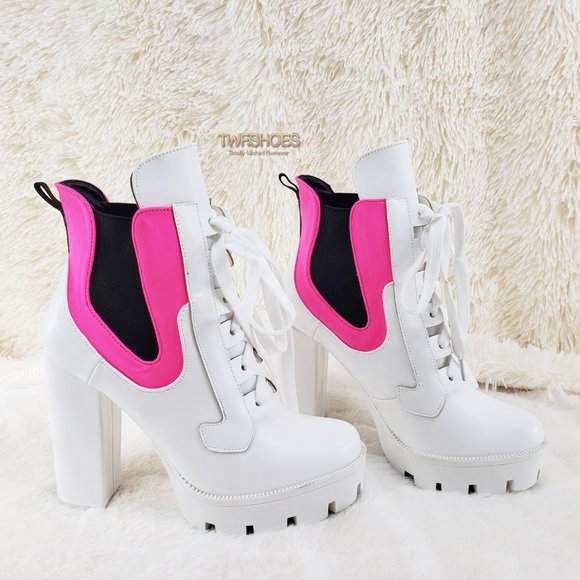 4" Heel Chunky Platform Ankle Boots White Pink - Picture 6 of 9